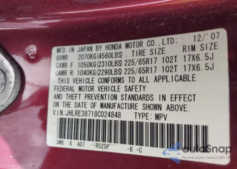 2008 Honda Cr-V Ex-L from USA, damaged, VIN JHLRE38718C024848